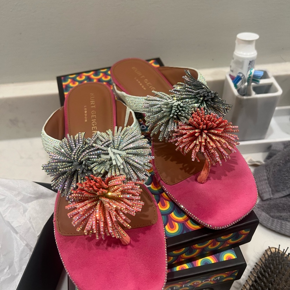 Kurt Geiger Pink Sandals with Multicolor Pom Poms
